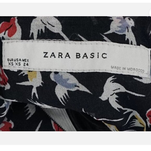 ZARA BASIC Sleeveless Ink Blue/Black Bird Print Chiffon Knee Length Dress XS - Picture 12 of 16